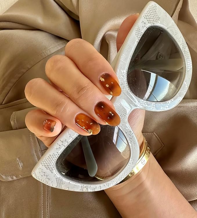 NOVA, Female Founded, Semi Cured Gel Nail Strips (Tiger Eye) - The 10 Minute Manicure. Salon-Quality, Works w/Any Lamp - Incl. Nail File & Wooden Stick (Tigereye Tortoise Nails)
