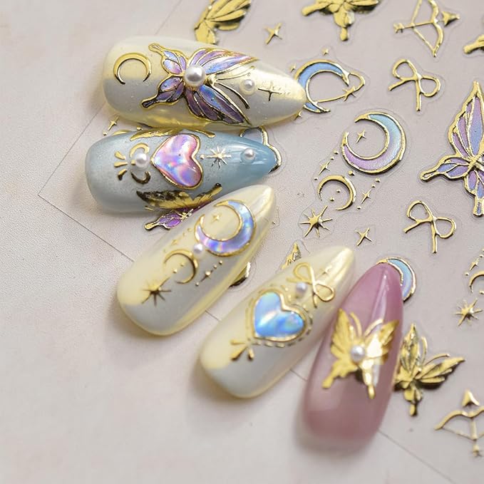 Butterfly Nail Art Stickers Decals 3D Gold Bronzing Nail Stickers Laser Star Moon Luxury Nail Design Self-Adhesive Nail Decals Manicure Sliders for Women Girls DIY Nail Art Decorations Supplies