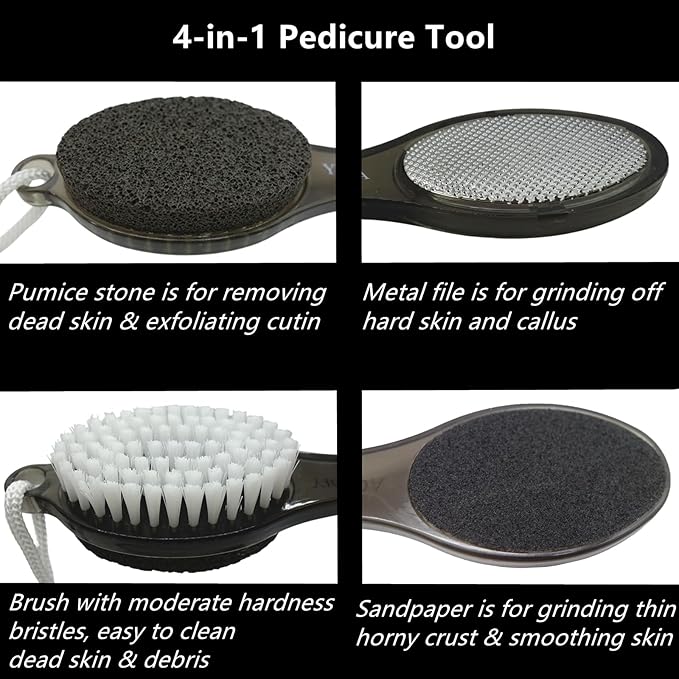 Foot File Callus Remover 4-in-1, Feet Scraper Pedicure Tools with Pumice Stone, Foot Scrubber Brush, Foot Rasp and Sand Paper, Double Sided Multi Purpose for Home Foot Care, Clear Black