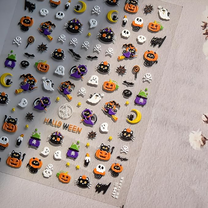 Halloween Nail Art Stickers 5D Embossed Nail Decals Pumpkin Cute Ghost Nail Stickers Skull Spider Web Design Halloween Nail Art Supplies DIY Manicure for Women Girls