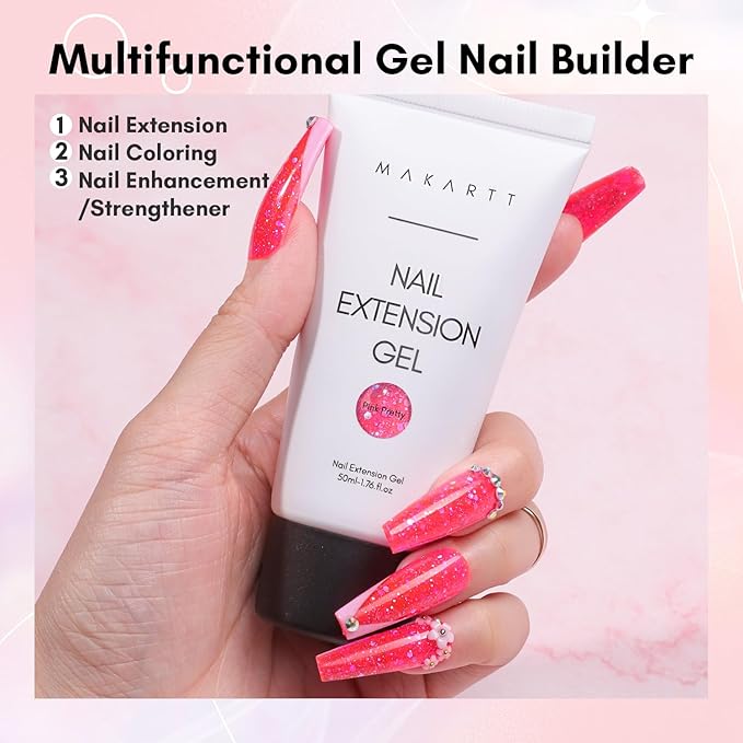 Makartt Poly Nail Gel-50ML Large, Dark Hot Pink Glitter Color, Strong Builder for Extension Overlay Strengthener 3D Diy, Long-lasting for Nails French Manicures Home Salon-Pink Pretty