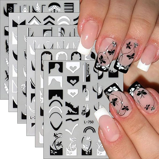 6Pcs French Tip Nail Stickers 3D Self Adhesive Black White French Nail Decals French Butterfly Flower Line Nail Design Stickers Irregular Geometry Pattern Curve Lines Tip Nail Decoration for Women