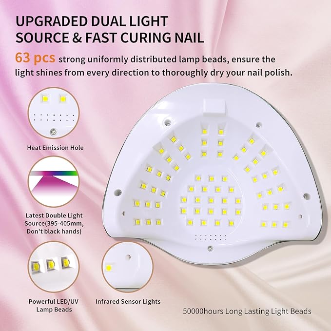 Professional UV Light for Gel Nails - 63 LED Beads with Auto Sensor & 4 Timer Settings, High-Power LED/UV Lamp for Fast Curing, Salon & Home Gel Polish Dryer