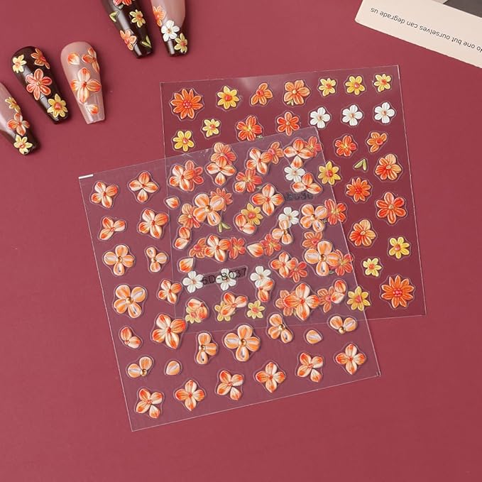 2Pcs Thanksgiving Nail Stickers Fall Decals for Nail Art Orange Flowers Nail Design White Flowers Nails Supplies 5D Embossed Yellow Flower Nials Acrylic Accessories for Women DIY Manicure Decoration