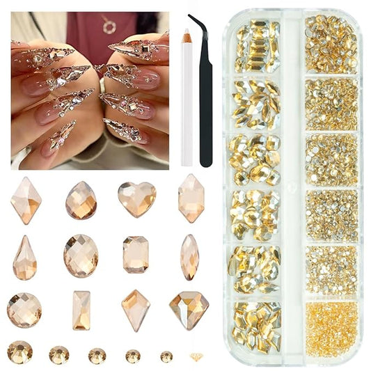2052Pcs Golden Rhinestones for Nails 72pcs Multi Shapes Crystal Flatback Champagne gold Rhinestones Gems +1980pcs Round Beads Glass Stones Diamonds Jewels w Wax Pen for Faces Eyes Makeup Crafts