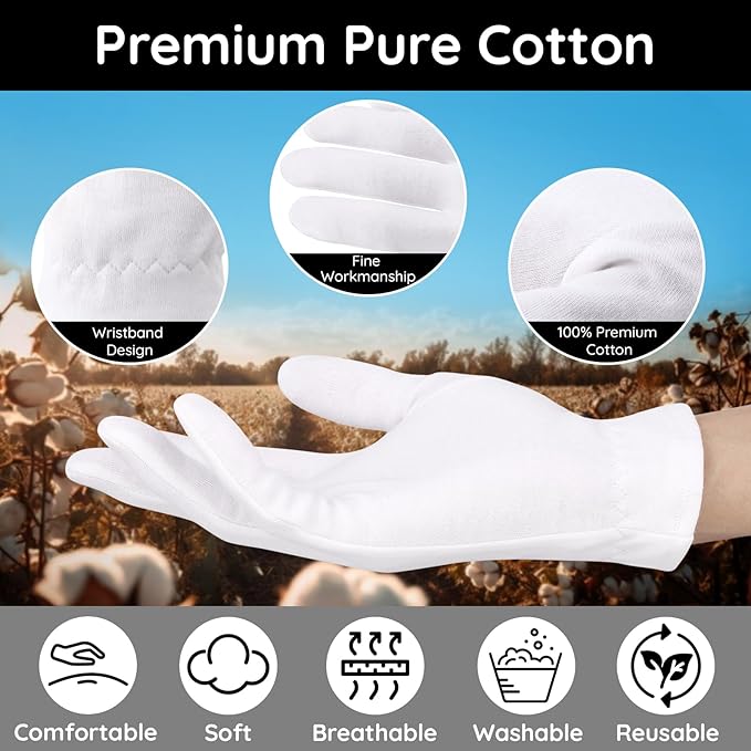 Segbeauty 24 Count White Cotton Hand Gloves with Elastic Band, Extra Large Lotion Moisturizing Gloves (12 Pairs) for Men and Women, Dry Skin Care Overnight Sleeping Gloves