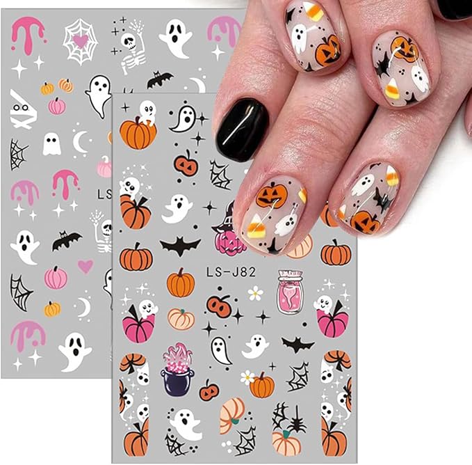 6 Sheets Halloween Nail Art Stickers Cute Spooky Pumpkin 3D Self-Adhesive Nail Decals Spider Nail Design Stickers Bat cat Nail Stickers for Women Girls Halloween DIY Acrylic Manicure Salon