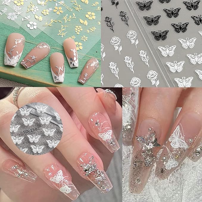 6 Sheets Gold Nail Art Stickers,3D Metallic Self-Adhesive Nail Decals Gold Silver Black White Cherry Blossom Rose Leaf Butterfly Nail Design Bronzing Flower Nail Sticker for Women Manicure Decoration