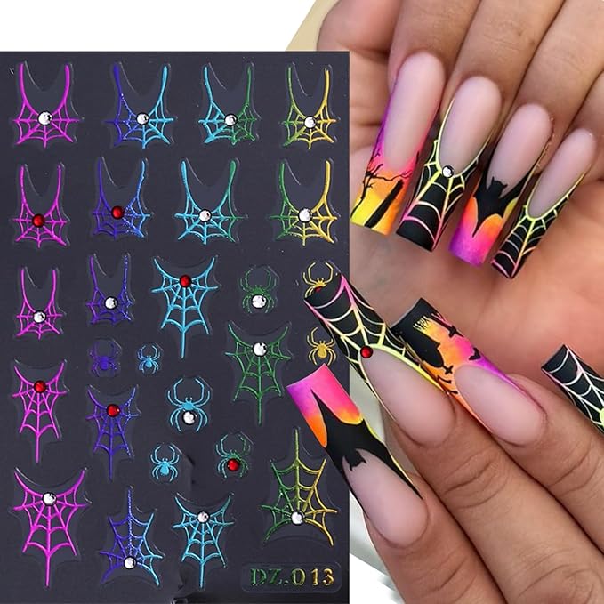 5 Sheets 5D Embossed Halloween Nail Art Stickers Self-Adhesive French Tip Spider Web Nail Decals Laser Gold Silver Black Rhinestones Spider Nail Designs Stickers Holiday Nails Decoration for Women DIY