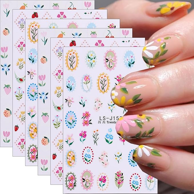 6Pcs Summer Flower Nail Stickers 3D Self Adhesive Fruit Nail Decals Cute Daisy Strawberry Tulip Blueberry Cherry Design Summer Nail Art Stickers Fruit Floral Nail Art Supplies for Women Manicure Decor