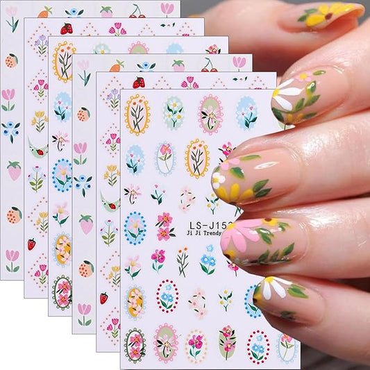 6Pcs Summer Flower Nail Stickers 3D Self Adhesive Fruit Nail Decals Cute Daisy Strawberry Tulip Blueberry Cherry Design Summer Nail Art Stickers Fruit Floral Nail Art Supplies for Women Manicure Decor
