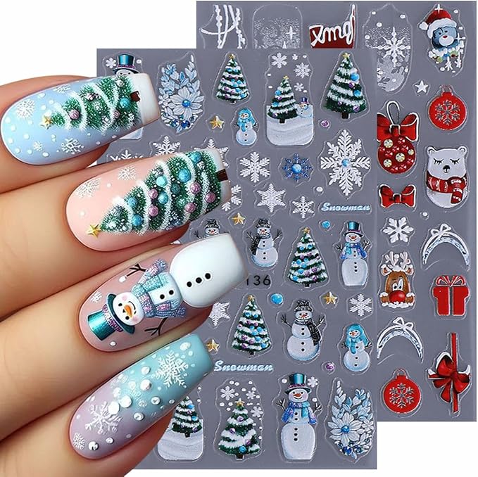 Christmas Nail Art Stickers Snowman Nail Decals with Christmas Tree Elk Snowflakes Design 3D Self-Adhesive Nail Stickers Acrylic Nail Supplies for Women DIY Xmas Decor 2 Sheets