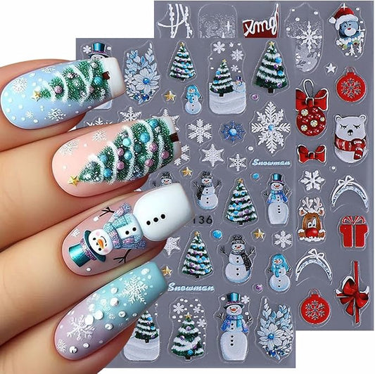 Christmas Nail Art Stickers Snowman Nail Decals with Christmas Tree Elk Snowflakes Design 3D Self-Adhesive Nail Stickers Acrylic Nail Supplies for Women DIY Xmas Decor 2 Sheets