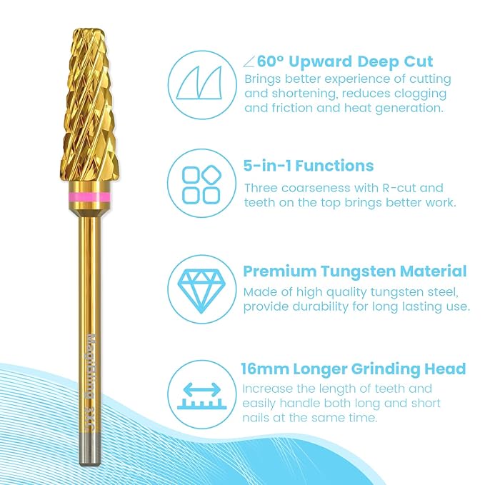 Super Cut 5 In 1 Nail Drill Bits，Tapered 3/32'' Safety Tungsten Bits, Upward Cut for Hard Gel Removal, Right Hand Use, Manicure Cuticle Gel Polishing, Technicians Bits, Gold, Triple Coarse.