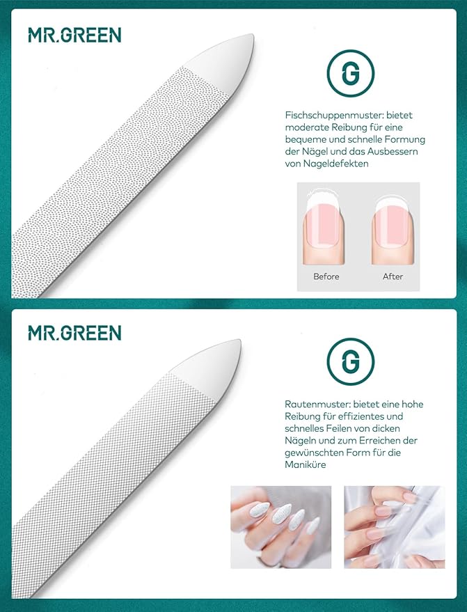 MR.GREEN Professional Double Sided Stainless Steel Nail File with Non-Slip Handle and Leather Case, Pointed Nail Buffering Files Washable