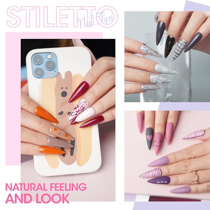 Gellen Stiletto Fake Nails 504Pcs Nail Tips, Acrylic Nail Kit Stiletto Pre-Shaped Press On Nails, Clear False Nail Extension Kit, Full Cover Soft Gel Nail Tips, Salon Nail Art Manicure Set, 12 Sizes