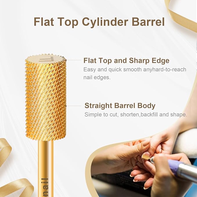 3/32" Large Barrel Flat Top Tungsten Carbide Nail Drill Bit Safety Bit for Gel & Acrylic Removal, 2-Way Rotating Efile Tip, Salon Electric File Accessory (F Grit, Gold)