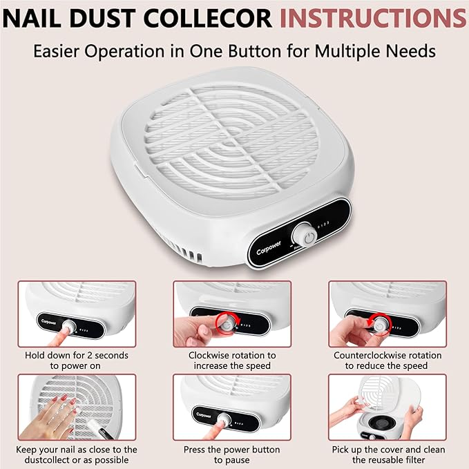 Nail Dust Collector, Professional Brushless Turbo Dust Collector Nail Tech with Reusable Filter,Powerful Nail Vacuum Fan Dust Extractor Manicure Tool for Nail Polishing,Salon & Home (White)
