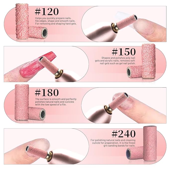 300Pcs Small Sanding Bands for Nail Drill Bits Set, Mini Sanding Bands with 2 Mandrel Bits Coarse Fine Grit #150#180#240 Grits, Professional for Acrylic Nails Manicures and Pedicure-Pink
