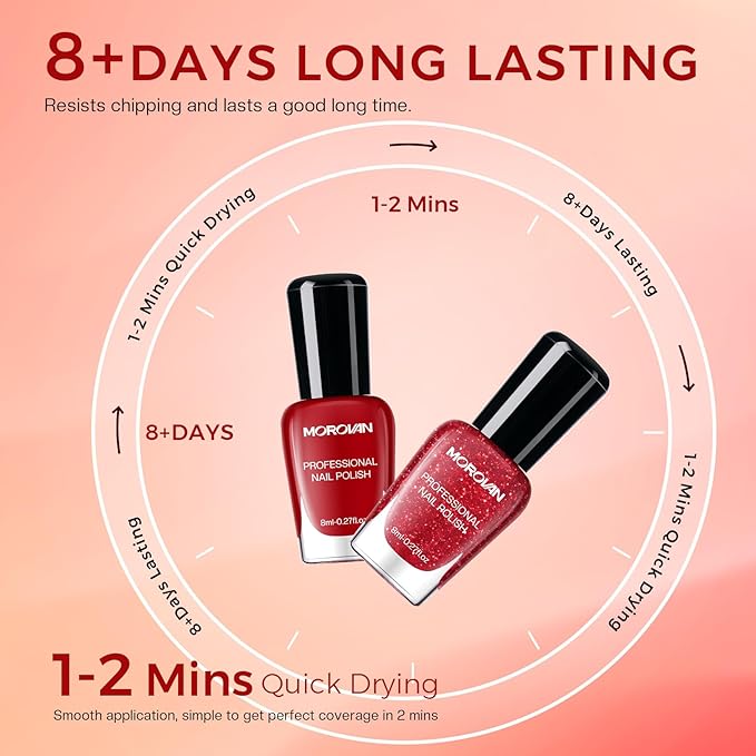 Morovan Red Nail Polish Set: Glitter Bright Burgundy Cherry Christmas Red Fingernail Polish Kit Shimmer Sparkle Air Quick Dry Nail Polish Pack for Nail Art Manicure Holiday Party Gift for Women Girls