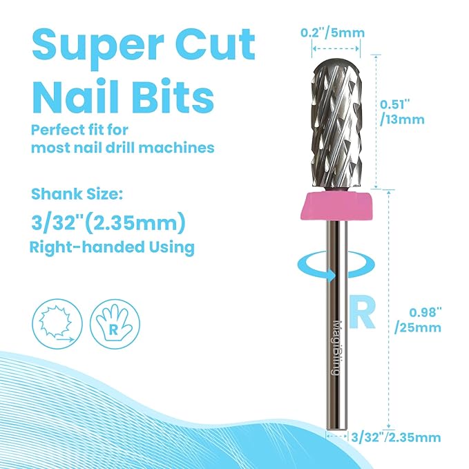 Super Cut Small Barrel 3/32'' Safety Tungsten Nail Drill Bits, Remove Gel Fast, Right handed, Manicure Cuticle Gel Polishing, Aggressive Bits for Professional Technician, Triple Coarse.