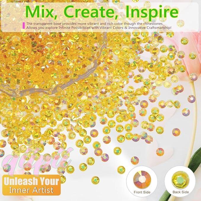 3 Color Yellow AB Jelly Resin Rhinestones Bulk 3mm 4mm 5mm 6mm Flatback Stones for Crafting Golden AB No-Hotfix Gems Diamonds Charms for Nails Eyes Face Makeup DIY Crafts Tumblers Bottles Shoes