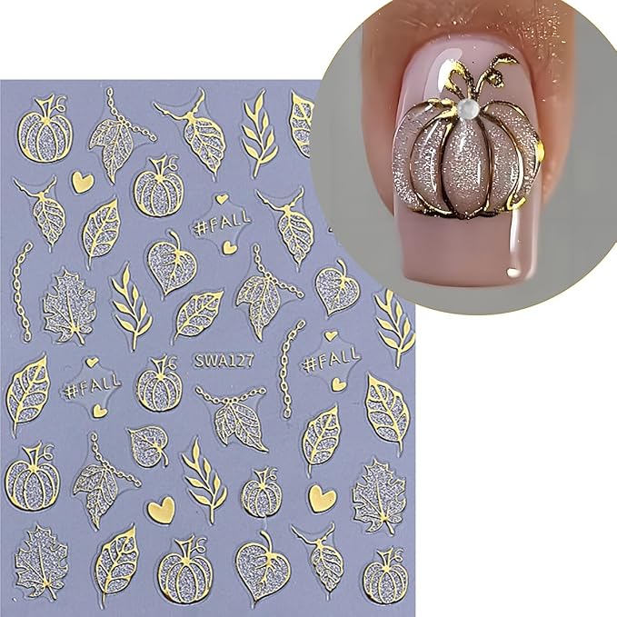 Fall Nail Art Stickers, Gold Maple Leaves Nail Decals 3D Self-Adhesive with Pumpkin Maple Leavers Design Gold Fall Nails Stickers 6Pcs Glitter Nail Art Supplies for Women Nail Decoration