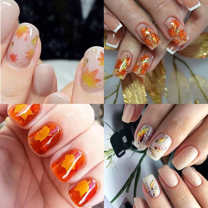 6 Sheets Fall Maple Leaf Nail Stickers Thanksgiving Nail Art Stickers 3D Self-Adhesive Gold Maple Leaves Nail Decals Autumn Fallen Leaves Ginkgo Leaf Nail Decoration for Women Girls Nail Art Designs