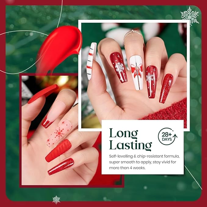Beetles Christmas Gel Nail Polish, 6 Colors Winter Burgundy Red Glitter Gold Green Gel Polish, Soak Off Uv Nail Lamp Cured Holiday Nail Gel DIY Home Manicure Kit Gifts for Women