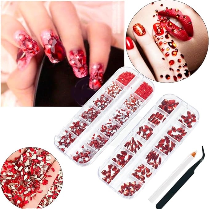 2680 Pcs 3D Red Nail Rhinestones, 120Pcs Big Red Glass Crystal Nail Gems Stones Charms Stones with Bling Diamond Flatback Round Beads, Clear Charm Jewelry for DIY Face Craft Decoration