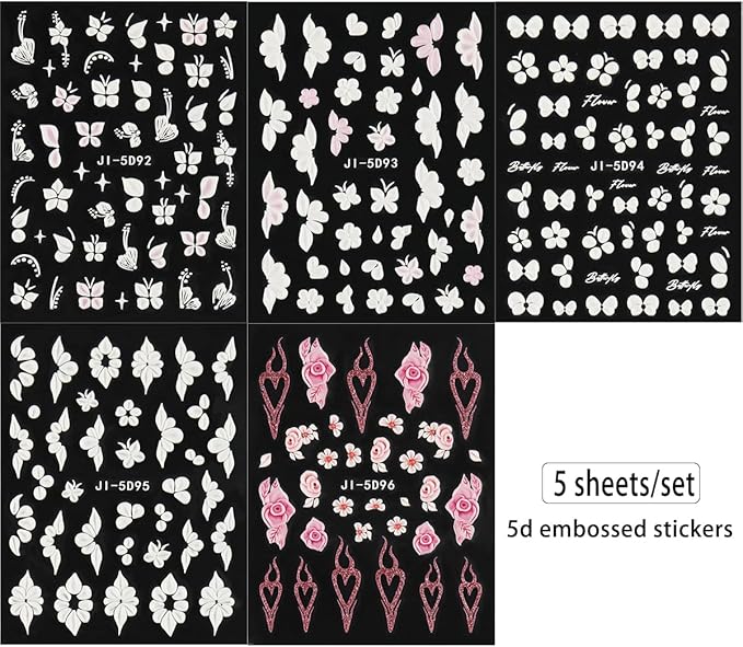 5D Embossed White Flowers Nail Stickers, 5 Sheets Self-Adhesive Floral Nail Decals, Spring Rose Butterfly Nail Art, 3D Acrylic Flowers for Manicure Decor