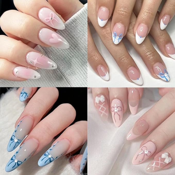 4 Sheets Bow Nail Stickers for Nail Art 5D Self-Adhesive Bow-Knot Nail Decoration Pink Blue Bows Nail Art Stickers with Crystal Diamond Embossed Rhinestones Nail Decals for Women Girls Nail Design