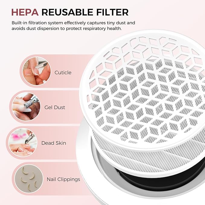 Nail Dust Collector for Nail Tech & Acrylic Nail Polishing - Ultra-Quiet 8000RPM Turbo Brushless Motor, Reusable Filter & Magnetic Detachable Design for Salon, Home DIY & Crafts