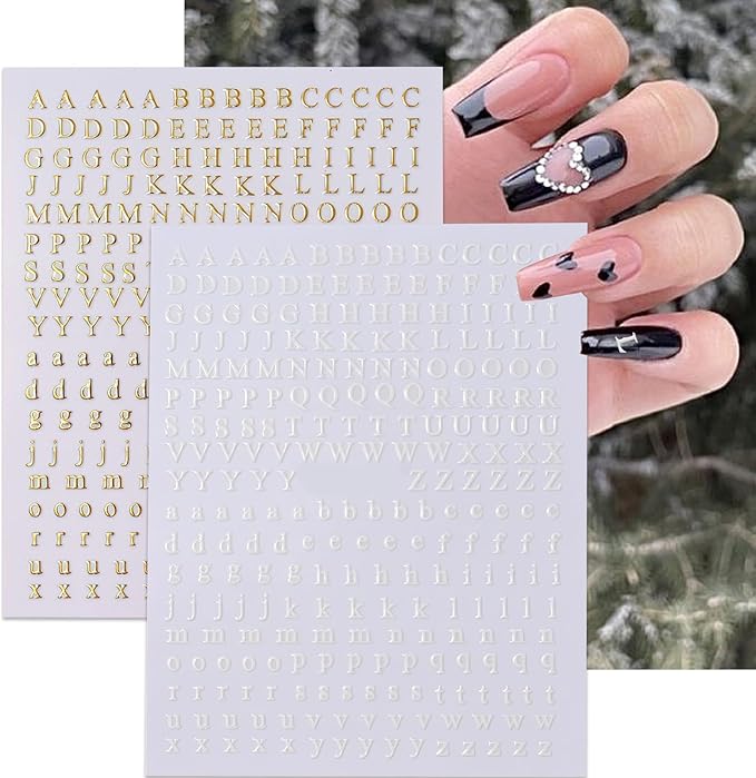 Letters Nail Art Stickers English Alphabet Nail Decals 3D Self-Adhesive Metallic Gold Silver Nail Sticker Black Alphabet Nail Art Supplies for Women Girls DIY Nail Decoration Manicure 8 Sheets
