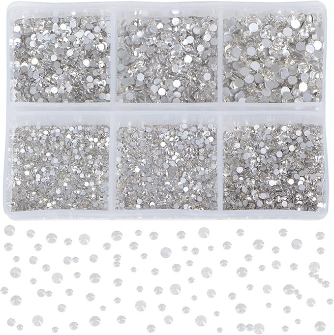 Bymitel 7200 Pieces 6 Mixed Sizes Glue Fix on Glass Rhinestones Round Crystal Gems Flatback for DIY Jewelry Making with one Picking Pen(6-Sizes 7200PCS, Clear Crystal)
