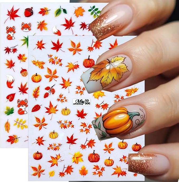 6 Sheets Fall Nail Stickers 5D Embossed Autumn Maple Leaf Nail Art Decals Thanksgiving Pumpkins, Fox, Squirrel, Ginkgo Leaf Design Self-Adhesive Fall Stickers for Nails DIY Manicure Supplies