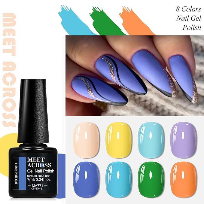 MEET ACROSS 1 Step Gel Polish Set Nail Art Manicure 3 in 1 Gel Kit Soak Off LED Gel Nail Varnishes No Need base gel top coat (Set-2, 8PCS)