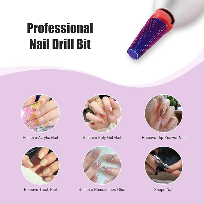Depvko Super Long 5 in 1 Nail Drill Bits, 3/32'' Carbide Tungsten Bits, Two Way Rotate Professional Advanced Safety Bits for Nail, Fast Remove for Manicure Pedicure (Classic 5in1-Purple, Fine-F)