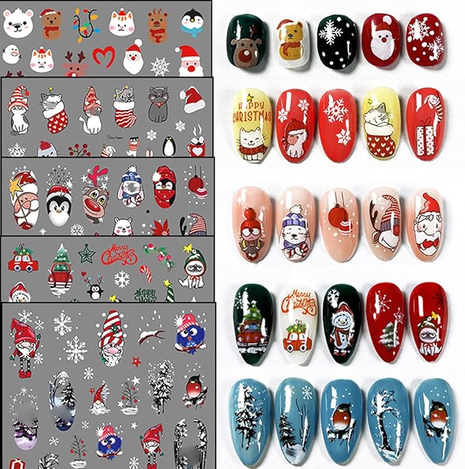 10PCS Christmas Nail Stickers for Kit- 3D Xmas Winter Nail Decals with Cartoon Elk Snowflake Santa Claus Snowman Bell Reindeer Bell Tree Design Holiday DIY Manicure New Year Christmas Nail Decoration