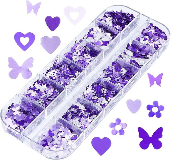 Holographic Purple Glitter Nail Art Sequins, 3D Glitters Flakes Nail Art Design, Love Heart Flowers Butterflies Acrylic Nails Supplies Accessories False Fingernails Manicure Charms Decorations Set