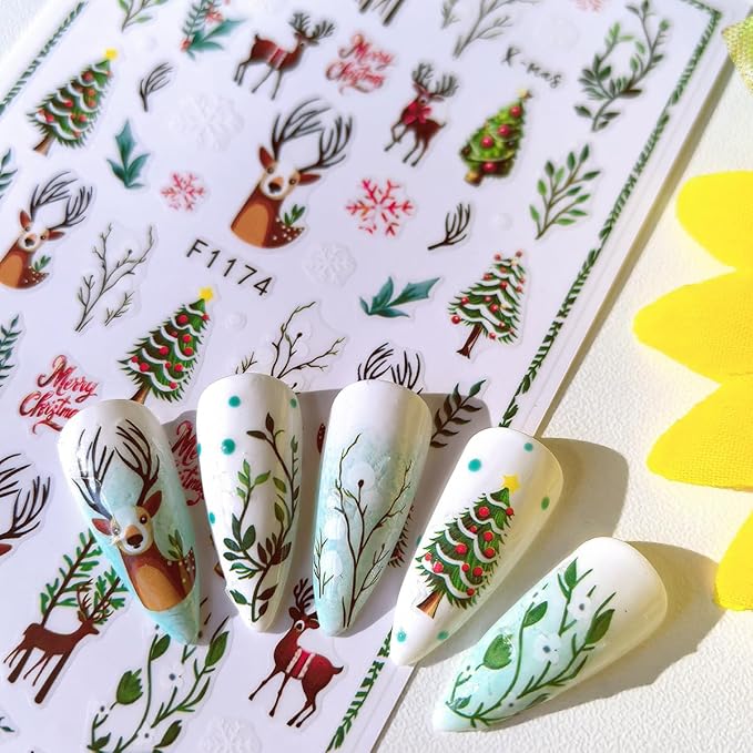 6Pcs Christmas Nail Stickers 3D Christmas Tree Elk Snowman Nail Stickers for Nail Art DIY Self Adhesive Nail Decals Red Fruit Cute Nail Decoration Supplies Holiday Manicure Accessories for Women