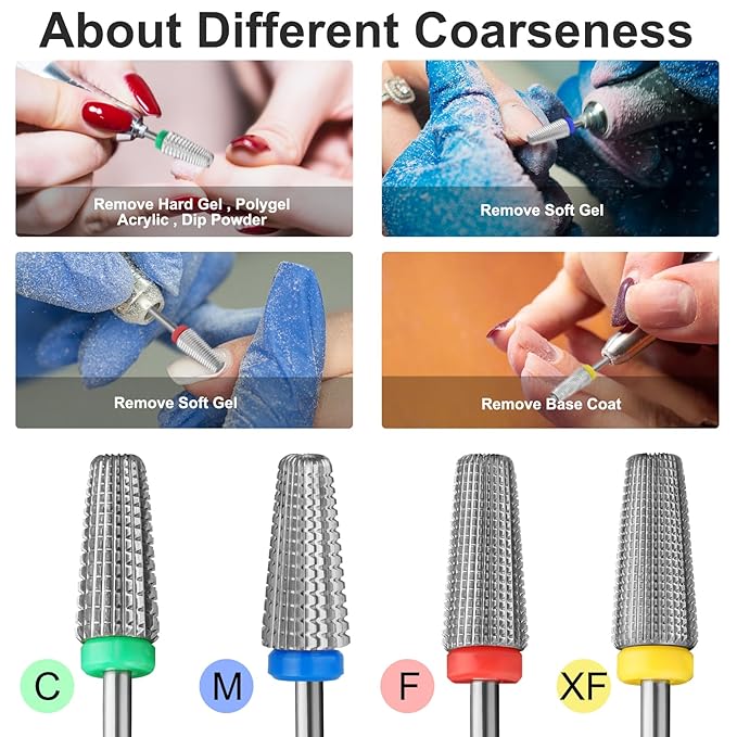 5 in 1 Nail Drill Bits, 3/32'' Professional Carbide Tungsten Multi-function Bits, Suitable for Manicure Pedicure Cuticle Gel Polishing, Technicians Bits (Coarse - C, Silver)