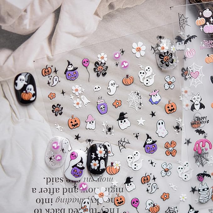 5D Embossed Goth Nail Art Stickers for Nail Art Self-Adhesive Halloween Ghost Nail Stickers Spider Web Pumpkin Bloody Cat Designs Nail Art Supplies Horror Nail Decals for Women Acrylic Manicure Salon