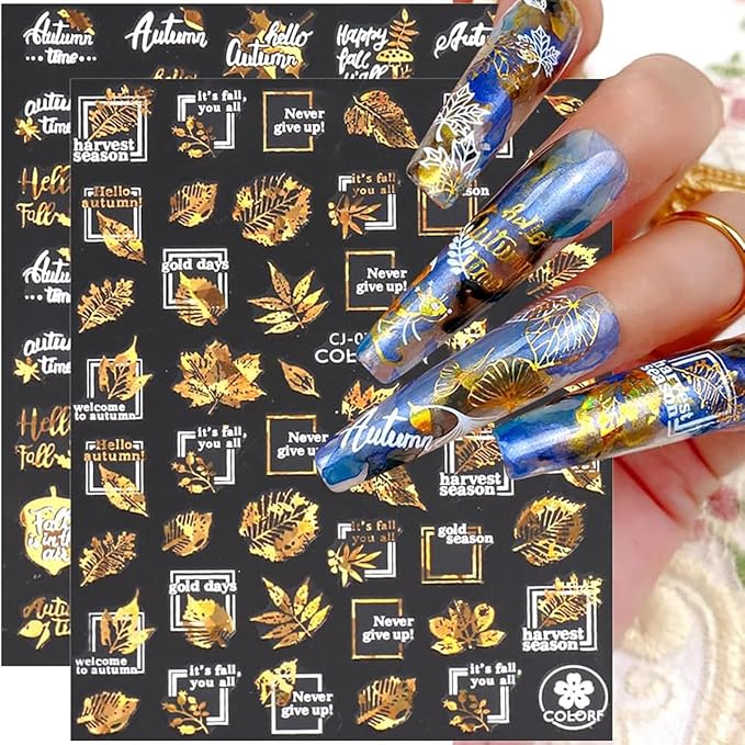 8 Sheets Bronzing Fall Nail Art Stickers Decals 3D Self-Adhesive Laser Gold White Leaves Flowers Nail Decals Autumn Maple Leaf Nails Design Stickers Thanksgiving Nail Art Supplies for Women