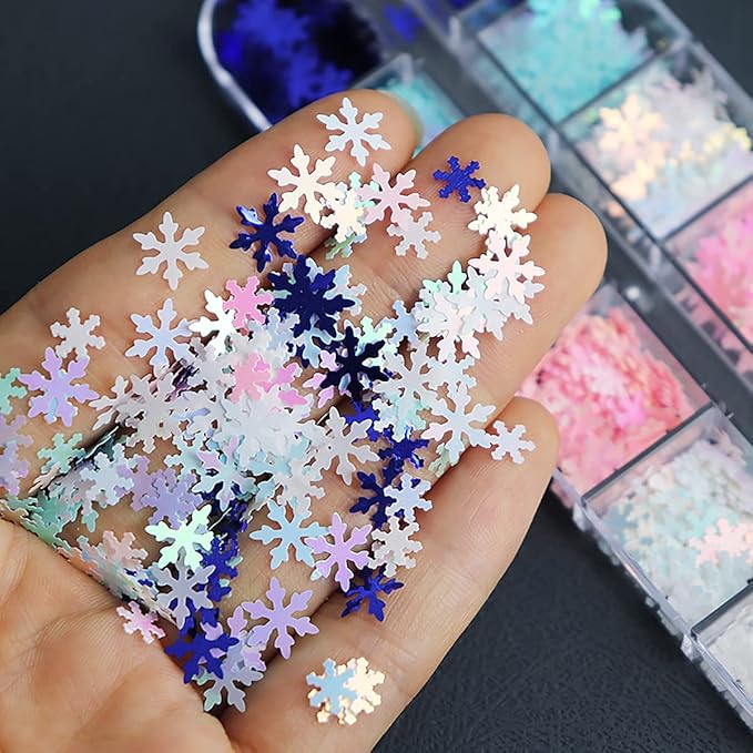 12 Grids 3D Snowflake Nail Glitter Sequins Holographic Laser Snowflake Nail Art Stickers Decals Christmas Nail Glitter Flakes Pink Blue White Snowflake Glitter Xmas Winter Nail Snow Glitter
