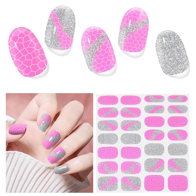 Semi Cured Gel Nail Strips,28 PCS Nail Wraps for Women,Gel Stickers for Nails UV Light,Long Lasting, Includes Prep Pads, NailFile & Wood Stick