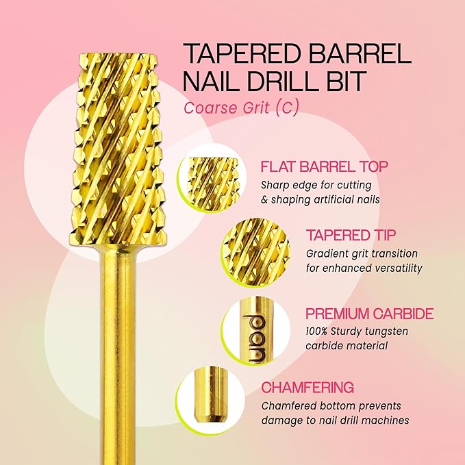 Premium Pana 3/32" Tapered Barrel Carbide Nail Bit -For Electric Dremel Drill Machine, Nail Art Design, Manicure, Pedicure, Nail File, Cuticle Clean etc. (Coarse Grit- Gold)