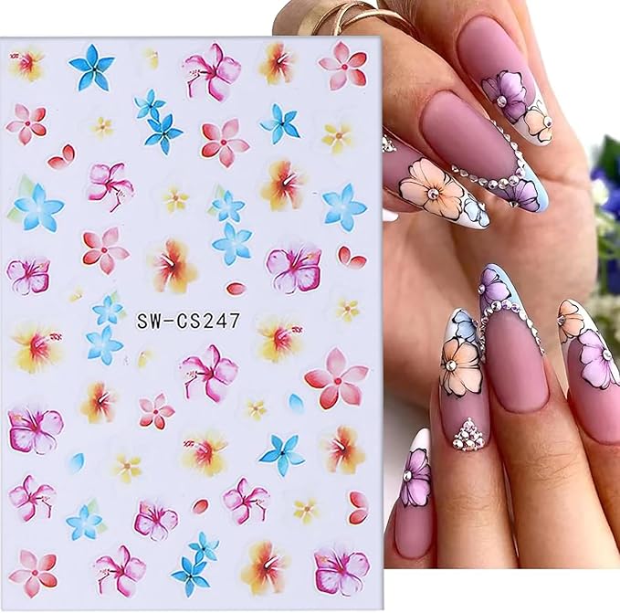 6 Sheets Flower Nail Art Stickers 3D Self-Adhesive Spring Summer Nail Sticker Butterfly Nails Art Decals Holographic Floral Nails Decal Decoration for Women Blossom Manicure DIY Nail Supplies