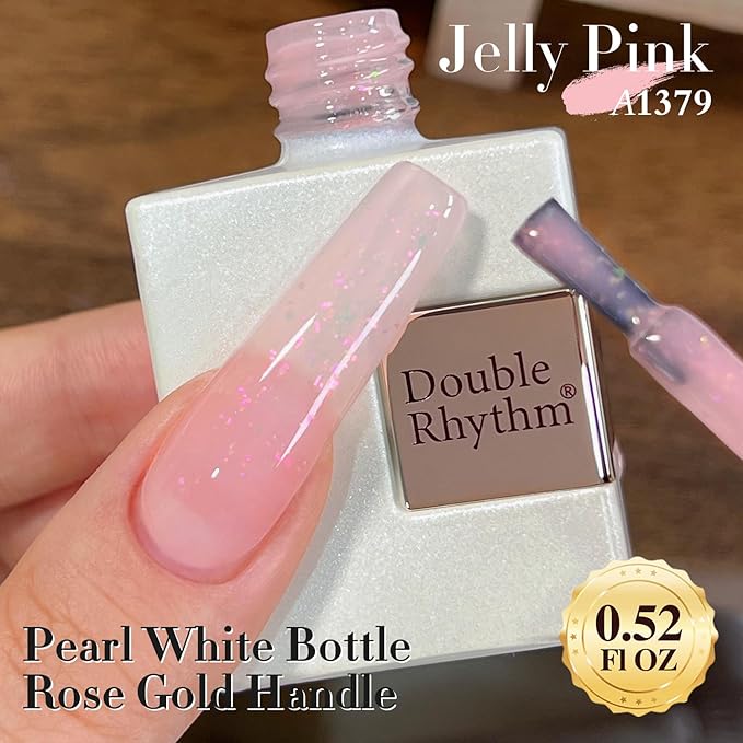 Double Rhythm Gel Polish 15ML Jelly Sheer Pastel Light Milky Color Pearl White Bottle 1 PC 0.5 OZ Full Size Nail Art Salon at Home (Pink Glitter-D1379)