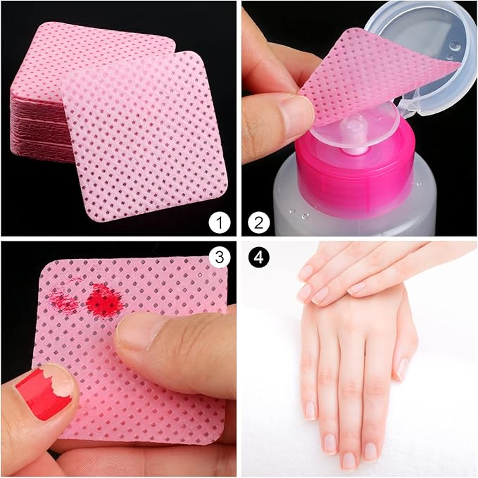 400 Pieces Nail Cotton Pads,1 Pull-Down Pump Dispenser Bottle, Super Absorbent Soft Non-Woven Eyelash Glue Wipes, Nail Polish dehumidifier for Eyelash Extension Products and Nail Oil Bottle (Pink)